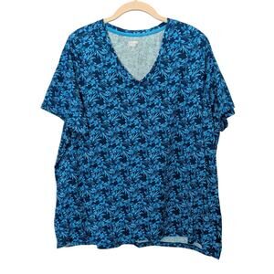 Lands End Women's Sz 2X Blue Floral Short Sleeve T Shirt V Neckline Cotton